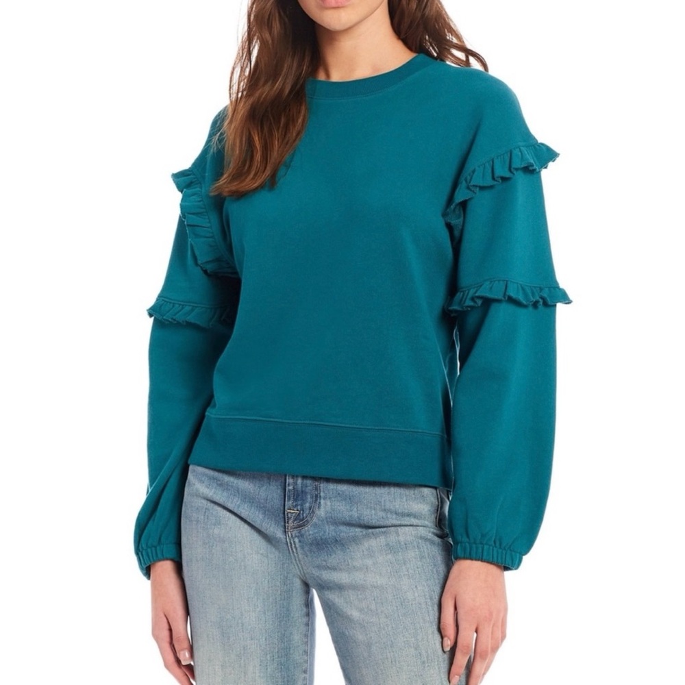 Rebecca Minkoff Evelyn Ruffle Sleeve Sweatshirt Teal Sz Small